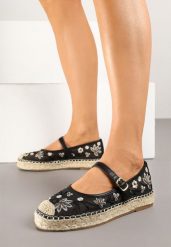 Czarne Siateczkowe Espadryle na Plecionej Podeszwie z Paskiem z Klamrą i Haftem Vilritia. Czarne espadryle Born2be, bez wzorów, z jeansu, eleganckie, bez obcasa. Za 99.99 zł.