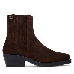 Botki Tommy Jeans. Brązowe botki Tommy Jeans, bez wzorów, z jeansu, bez obcasa, na słupku, bez zapięcia. Za 649.99 zł.