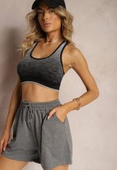 Ciemnoszare Dresowe Szorty High Waist z Gumką w Talii Narefia. Szare szorty Renee, w ażurowe wzory, z dresówki, eleganckie. W wyprzedaży za 23.99 zł.