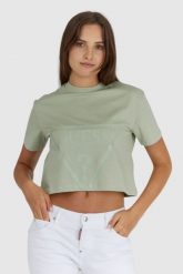 GUESS Krótki zielony t-shirt damski z logo. Zielone t-shirty Guess, s, z aplikacjami, z bawełny, bez kołnierzyka, bez ramiączek. W wyprzedaży za 129.99 zł.
