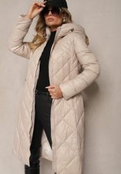 Beżowa Kurtka Pikowana o Długim Kroju z Kapturem Erivana. Brązowe kurtki Renee, l, bez wzorów, z jeansu, eleganckie, z kapturem. W wyprzedaży za 269.99 zł.