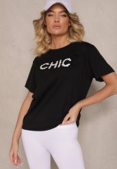 Czarny T-shirt z Bawełny Ozdobiony Perełkami i Napisem Naloreth. Czarne t-shirty Renee, m, bez wzorów, z bawełny, eleganckie, bez kołnierzyka, bez ramiączek. W wyprzedaży za 31.99 zł.