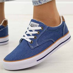 Jeansowe trampki damskie American Club Lh124. Niebieskie trampki American CLUB, bez wzorów, z jeansu, biznesowe, bez zapięcia. Za 99.00 zł.