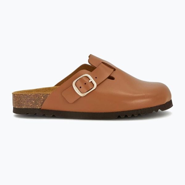 Klapki damskie Scholl Fae New Leather. Brązowe klapki Scholl, bez wzorów, z materiału, bez obcasa, bez zapięcia. Za 269.99 zł.
