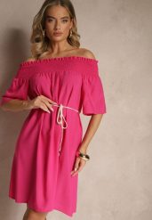 Fuksjowa Sukienka Hiszpanka z Bawełną i Wiskozą Ozdobiona Sznurkiem Lilarelle. Czerwone sukienki Renee, na co dzień, m, bez wzorów, z bawełny, eleganckie, bez kołnierzyka, bez ramiączek, mini, z odkrytymi ramionami. W wyprzedaży za 45.49 zł.