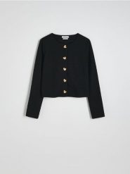 Marynarka z ozdobnymi guzikami - czarny. Czarne marynarki i żakiety Reserved, l, bez wzorów, z dzianiny, bez ramiączek. W wyprzedaży za 89.99 zł.