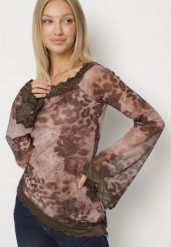 Brązowa Siateczkowa Bluzka Hiszpanka z Wiskozą i Bawełną Ozdobiona Koronką Nirriva. Brązowe bluzki Born2be, l, z aplikacjami, z bawełny, bez kołnierzyka, bez ramiączek. Za 69.99 zł.