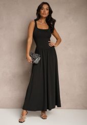 Czarna Rozkloszowana Sukienka z Wiskozą i Kwadratowym Dekoltem Ravvia. Czarne sukienki Renee, na co dzień, l, bez wzorów, z wiskozy, eleganckie, bez kołnierzyka, bez ramiączek, maxi, proste. W wyprzedaży za 127.99 zł.