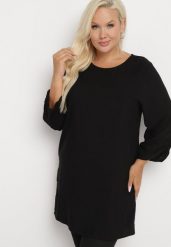 Czarna Klasyczna Tunika z Marszczonymi Rękawami Evianas. Czarne tuniki Born2be, xl, bez wzorów, eleganckie, bez kołnierzyka, bez ramiączek. Za 59.99 zł.