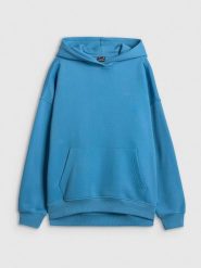 4F Bluza dresowa loose z kapturem damska - niebieska L. Niebieskie bluzy 4f, l, bez wzorów, z dresówki, bez ramiączek, z kapturem. Za 199.99 zł.