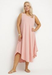 Różowa Rozkloszowana Sukienka z Bawełną Nairilo. Czerwone sukienki Born2be, na spacer, xl, bez wzorów, z bawełny, eleganckie, bez kołnierzyka, bez ramiączek, midi, rozkloszowane. Za 99.99 zł.