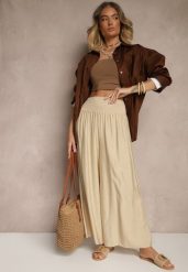 Beżowe Spodnie z Wiskozą o Szerokim Kroju High Waist Orrana. Brązowe jeansy Renee, bez wzorów, z jeansu, eleganckie, z podwyższonym stanem. W wyprzedaży za 29.99 zł.