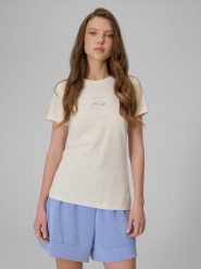 4F T-shirt slim z nadrukiem damski - beżowy L. Brązowe t-shirty 4f, l, bez wzorów, z jeansu, bez kołnierzyka, bez ramiączek. Za 49.99 zł.