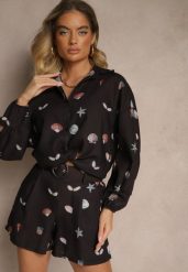 Czarny Komplet z Wiskozą Koszula i Szorty w Morski Print Reisoria. Czarne koszule Renee, m, bez wzorów, z materiału, eleganckie, bez kołnierzyka, bez ramiączek. W wyprzedaży za 143.99 zł.
