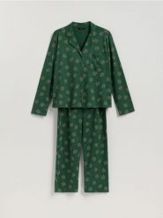 Dwuczęściowa piżama ze świątecznym nadrukiem - zielony. Zielone piżamy Reserved, l, bez wzorów, z bawełny, bez kołnierzyka, bez ramiączek. Za 129.99 zł.