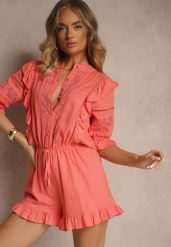 Pomarańczowy Wiskozowy Kombinezon z Lnem w Rustykalnym Stylu z Koronką i Falbanami Linulia. Brązowe sukienki Renee, na co dzień, m, z aplikacjami, z koronki, eleganckie, bez kołnierzyka, bez ramiączek, kopertowe. W wyprzedaży za 143.99 zł.