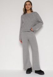 Szary Komplet z Wełną i Bawełną Sweter ze Splotem i Szerokie Spodnie Reinettia. Szare swetry Born2be, bez wzorów, z bawełny, eleganckie, bez ramiączek. Za 124.99 zł.