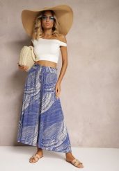 Niebieskie Szerokie Spodnie 7/8 High Waist z Wiskozy Wykończone Gumką w Pasie Risallni. Niebieskie jeansy Renee, na lato, l, bez wzorów, z jeansu, z podwyższonym stanem. W wyprzedaży za 32.99 zł.
