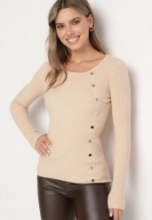Jasnobeżowy Sweter Ozdobiony Metalowymi Napami Corettina. Brązowe swetry Born2be, m, z aplikacjami, z jeansu, wizytowe, bez ramiączek. W wyprzedaży za 84.99 zł.