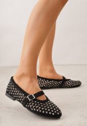 Czarne Balerinki w Stylu Mary Jane z Cyrkoniami i Ażurową Cholewką Lyphenne. Czarne baleriny Renee, z aplikacjami, z jeansu, glamour, bez obcasa, bez zapięcia. Za 99.99 zł.