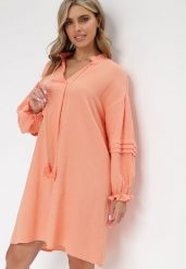 Pomarańczowa Bawełniana Sukienka Mini z Ozdobnym Wiązaniem i Przeszyciami na Rękawach Anla. Brązowe sukienki Born2be, na imprezę, l, bez wzorów, z bawełny, bez kołnierzyka, bez ramiączek, mini, trapezowe. Za 159.99 zł.