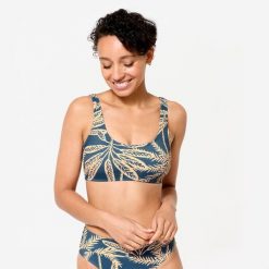 Góra kostiumu kąpielowego surfingowego damska Olaian Aurely Palmer. Niebieskie bikini OLAIAN, bez wzorów, z elastanu, klasyczne. W wyprzedaży za 34.99 zł.