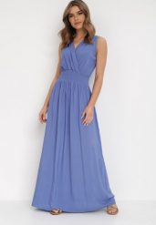 Niebieska Sukienka Clymiolea. Niebieskie sukienki Born2be, m, bez wzorów, z tkaniny, eleganckie, bez kołnierzyka, bez ramiączek, maxi, kopertowe. W wyprzedaży za 46.74 zł.