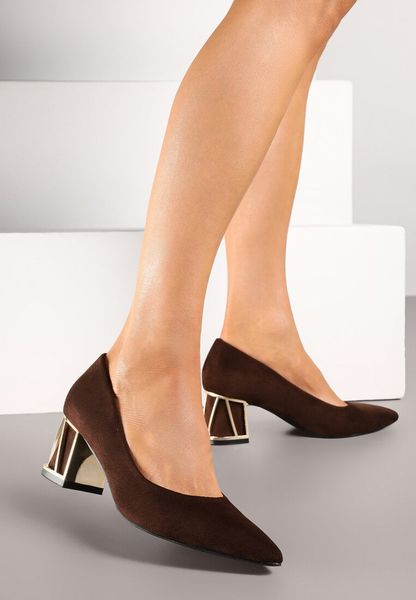 Brązowe Czółenka Vices na Ozdobnym Słupku ze Skórzaną Wkładką Arvisel. Brązowe czółenka Born2be, z aplikacjami, z jeansu, biznesowe, bez obcasa, na słupku, bez zapięcia. Za 79.99 zł.