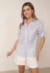Jasnoniebieska Bawełniana Koszula w Paski z Regulacją przy Rękawach Cecalin. Niebieskie koszule Born2be, m, bez wzorów, z bawełny, eleganckie, bez kołnierzyka, bez ramiączek. Za 79.99 zł.