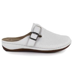 Klapki damskie zabudowane sanitarne białe Unisoft 9928. Białe klapki Unisoft, bez wzorów, ze skóry ekologicznej, bez obcasa, bez zapięcia. Za 109.99 zł.
