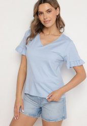 Niebieska Bluzka z Dekoltem w Serek z Wiskozą Zdobiona Falbankami przy Rękawach Aliriva. Niebieskie bluzki Born2be, uniwersalny, z aplikacjami, z wiskozy, eleganckie, bez kołnierzyka, bez ramiączek. W wyprzedaży za 55.24 zł.