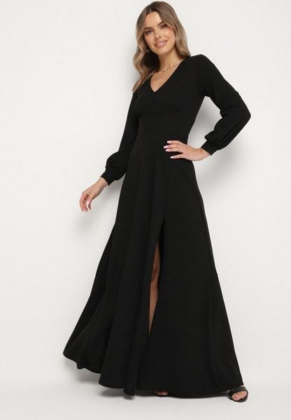 Czarna Rozkloszowana Sukienka Koktajlowa z Bufiastymi Rękawami i Rozcięciem na Nogę Erqellia. Czarne sukienki Born2be, na imprezę, l, bez wzorów, wizytowe, bez kołnierzyka, bez ramiączek, maxi, rozkloszowane. Za 169.99 zł.