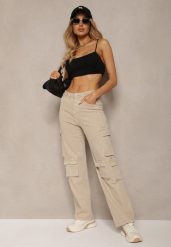 Beżowe Spodnie Typu Bojówki z Bawełny High Waist z Kieszeniami Zefara. Brązowe jeansy Renee, l, bez wzorów, z bawełny, z podwyższonym stanem. W wyprzedaży za 99.99 zł.