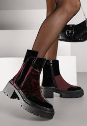 Czarno-Bordowe Botki Lakierowane Vices Ozdobione Tasiemką Rotine. Czerwone botki Renee, bez wzorów, z jeansu, eleganckie, bez obcasa, na obcasie, bez zapięcia. Za 149.99 zł.