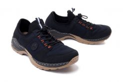 RIEKER M0564-14 blue, półbuty damskie. Niebieskie półbuty wsuwane Rieker, bez wzorów, z gumy, bez obcasa. Za 305.92 zł.