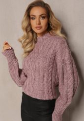 Jasnofioletowy Luźny Golf w Ozdobny Splot Atterta. Fioletowe swetry Renee, bez wzorów, z dzianiny, bez ramiączek. W wyprzedaży za 111.99 zł.