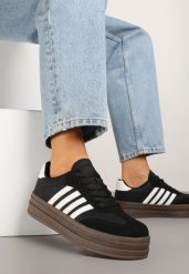 Czarno-Białe Sneakersy Tenisówki Ozdobione Paskami Naire. Czarne trampki Born2be, bez wzorów, z jeansu, eleganckie, bez zapięcia. W wyprzedaży za 101.99 zł.
