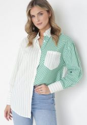 Zielono-Biała Koszula w Paski z Kołnierzem Aeshoma. Białe koszule Born2be, m, bez wzorów, z materiału, eleganckie, bez kołnierzyka, bez ramiączek. W wyprzedaży za 76.49 zł.
