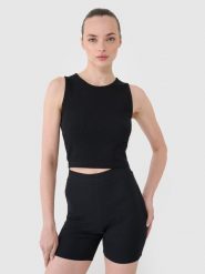 4F Crop top dzianinowy damski - czarny XS. Czarne topy 4f, xs, bez wzorów, z bawełny, sportowe, bez kołnierzyka, bez ramiączek. W wyprzedaży za 39.99 zł.