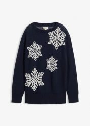 Sweter z okrągłym dekoltem i flokowanymi śnieżynkami. Niebieskie swetry bonprix, na zimę, bez wzorów, wizytowe, bez ramiączek. Za 99.99 zł.