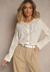 Beżowa Bluzka Ażurowa z Bawełny z Guzikami Kerisia. Brązowe bluzki Renee, l, w ażurowe wzory, z bawełny, eleganckie, bez kołnierzyka, bez ramiączek. W wyprzedaży za 91.99 zł.