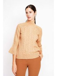 ASSUILI Sweter w kolorze jasnobrązowym rozmiar: 38. Brązowe swetry Assuili, bez wzorów, ze splotem, klasyczne, bez ramiączek. Za 118.01 zł.