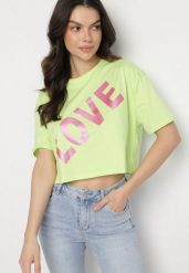 Zielony Bawełniany T-shirt Oversize o Krótkim Kroju z Napisem Sannelia. Zielone t-shirty Born2be, m, bez wzorów, z bawełny, bez kołnierzyka, bez ramiączek. Za 49.99 zł.