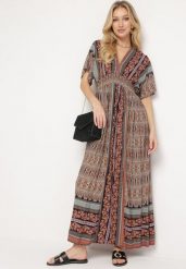 Brązowa Boho Sukienka z Szerokimi Rękawami z Gumką w Pasie i Wiązaniem na Plecach Piomina. Brązowe sukienki Born2be, l, z aplikacjami, boho, bez kołnierzyka, bez ramiączek, maxi. Za 99.99 zł.