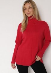 Czerwony Sweter z Golfem i Dodatkiem Kaszmiru Rorizia. Czerwone swetry Born2be, na zimę, z aplikacjami, z jeansu, biznesowe, bez ramiączek. Za 129.99 zł.