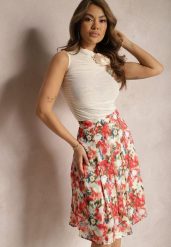 Beżowo-Czerwona Kwiecista Spódnica o Rozkloszowanym Fasonie High Waist Jastaria. Brązowe spódnice Renee, na co dzień, l, z aplikacjami, z materiału, midi, proste. W wyprzedaży za 56.99 zł.