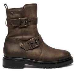 Botki Tamaris. Brązowe botki Tamaris, bez wzorów, bez obcasa, na płaskiej podeszwie, bez zapięcia. Za 299.99 zł.