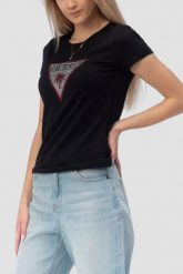 GUESS Czarny damski t-shirt z logo z cyrkoniami Triangle Rhinestones, Rozmiar XS. Czarne t-shirty Guess, xs, z aplikacjami, eleganckie, bez kołnierzyka, bez ramiączek. Za 239.99 zł.