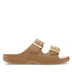 Klapki Crocs. Brązowe klapki Crocs, bez wzorów, bez obcasa, bez zapięcia. Za 159.99 zł.