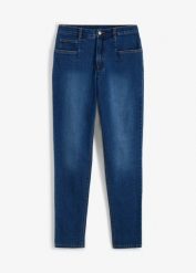 Jeansy mom ze stretchem, high waist. Niebieskie jeansy bonprix, bez wzorów, z jeansu, z podwyższonym stanem. Za 107.99 zł.